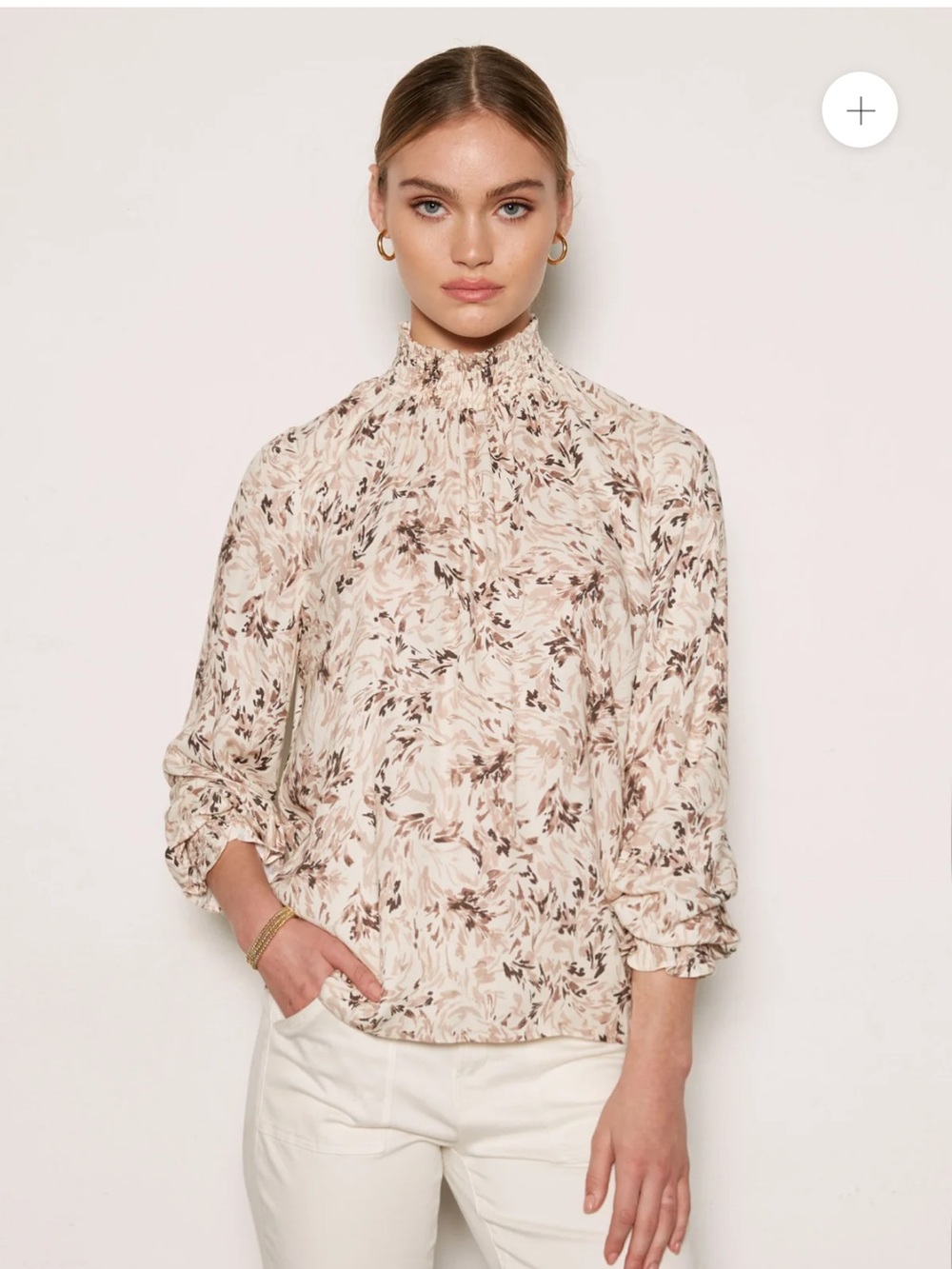 Tart Smocked-Neck Floral Blouse in Cream and Brown